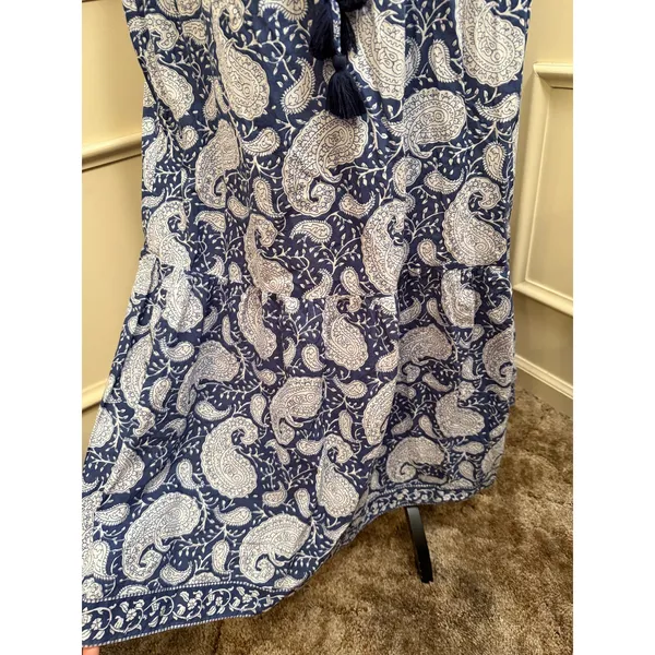 LA PLAGE Emily Cotton Printed Tassel Pocket Maxi Dress Blue White Boho Paisley - Image 4