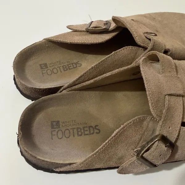 White Mountain Footbeds‎ Womens Size 9 Leather Taupe Suede Buckle Clog Mules - Image 3