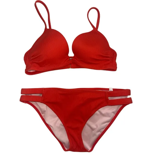Shade & shore Red Ribbed Cutout Bikini Swimsuit Women’s Medium 32B - Image 2