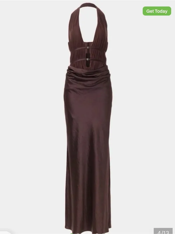 Misha Halter Cutout Satin Maxi Dress in Deep Brown - Image 5
