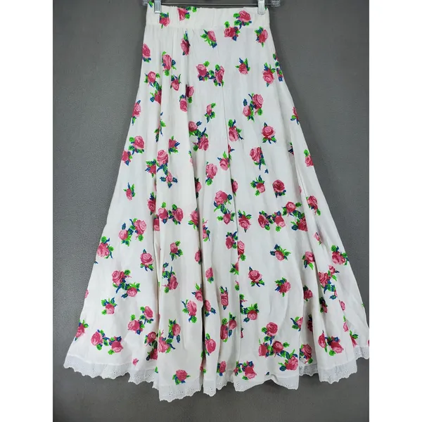 Jordache Studio Maxi Skirt Womens OS White Pink Floral Eyelet Trim Vintage 80s - Image 2