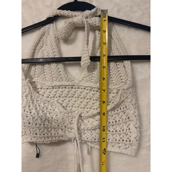 Romwe Crochet Halter Top Cream Boho Knit Lace Up Back Crop Top XS‎ - Image 7