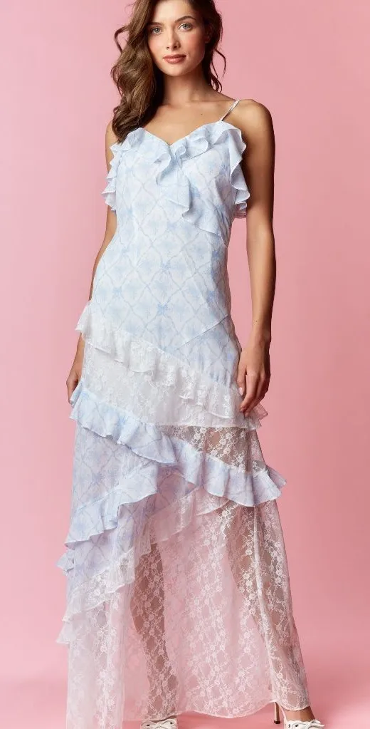 Coquette Printed Lace Mixed Ruffle Maxi Dress Small - Image 2