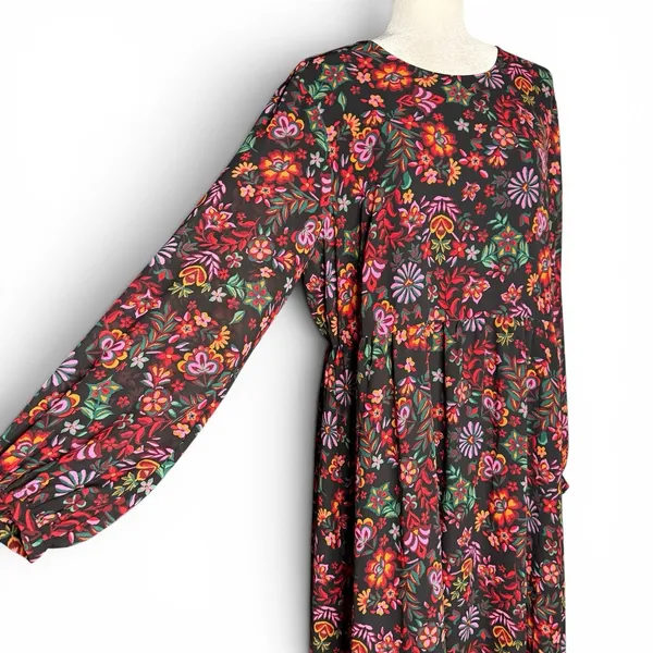 Floral Maxi Dress 2XL‎ Cottagecore Peasant Folklore Semi Sheer Long Sleeve Lined - Image 5