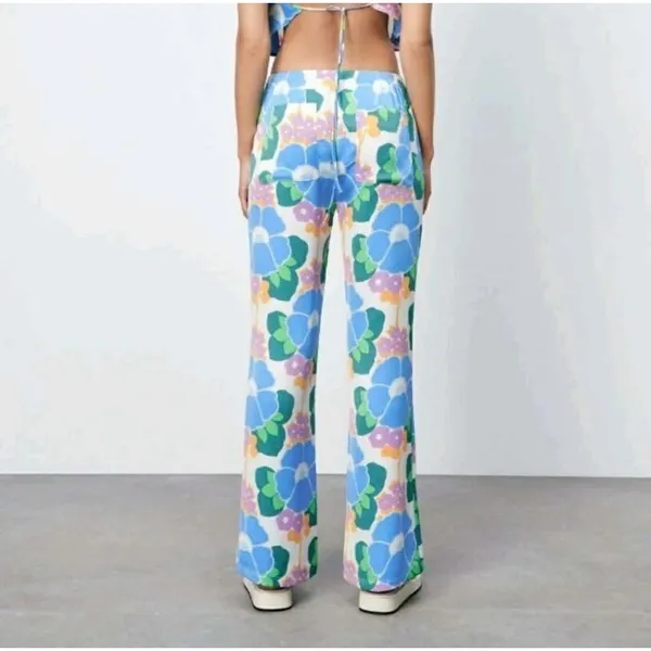 Zara Womens Floral Print Straight Leg Elastic Waist Pants‎ Blue Green Orange M - Image 2