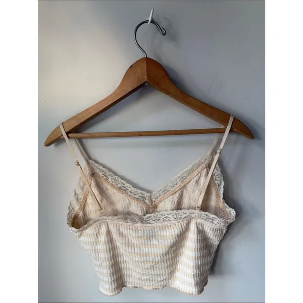 Alya Lace Trim Striped Waffle Knit Cami Tank Top Cream Ivory Crop - Image 2