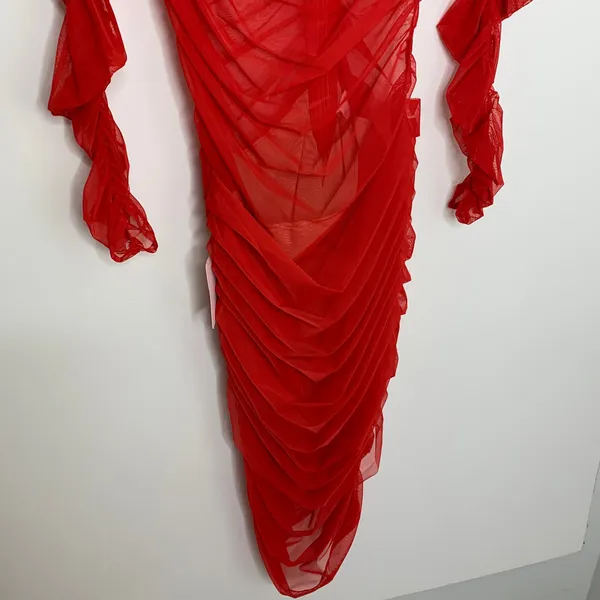 Miss Circle Jimena Red Ruched Mesh Long Sleeve Dress Womens New Medium - Image 11