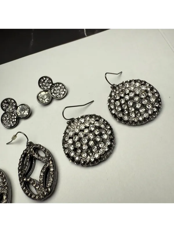Rhinestone Dangle Drop / Stud Pierced Earrings Lot Of 3 Gunmetal Variety - Image 9