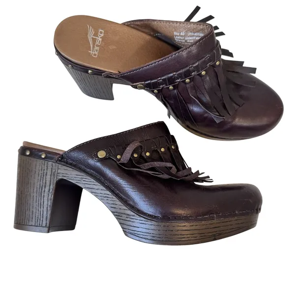 Dansko Shoes Womens Size 40 Leather Clogs Block Heel Stud Fringe Mule Retro - Image 2