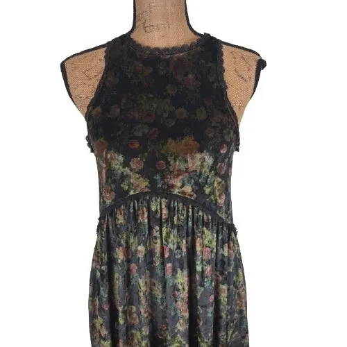 POL Dark Floral Crushed Velvet Racerback Midi Dress Green Whimsigoth Fairy Small - Image 2