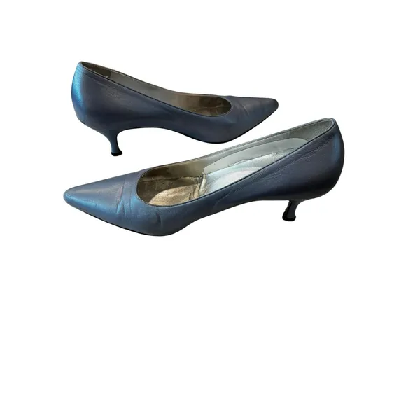 Escada Kitten Heel Pumps Size 8.5 Blue Metallic Pointed Toe Leather Italy - Image 5