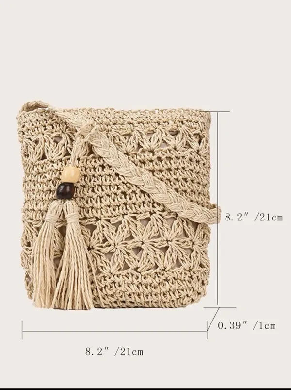 Tassel And Bead Straw Bag Tan - Image 3