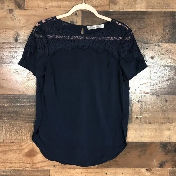 Abercrombie & Fitch Mens Navy Blue Lace Yoke Short Sleeve Blouse‎ Small - Image 6