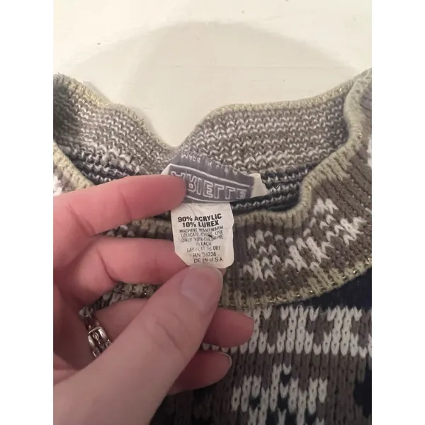 Vintage Arielle Fair Isle‎ Knit Sweater Brown Tan Lurex Metallic Made in USA L - Image 3