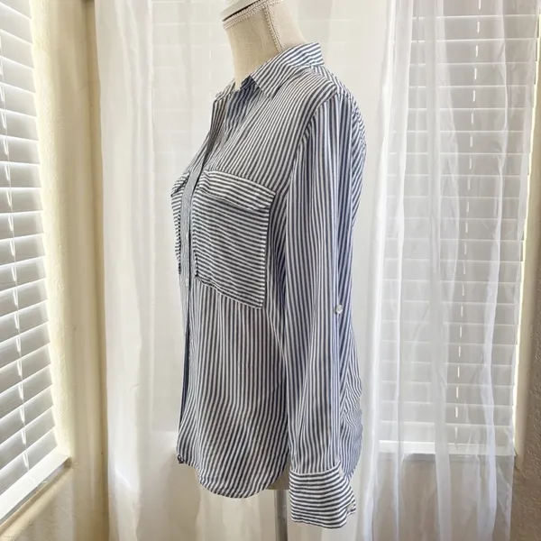 Maeve Anthropologie Blue and White Striped Button Down Shirt - Image 3