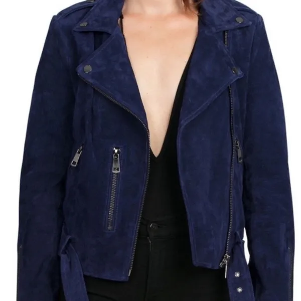 Bagatelle NYC Suede 100% Leather Moto Jacket‎ Full Zip Blue Women's Size Small - Image 11