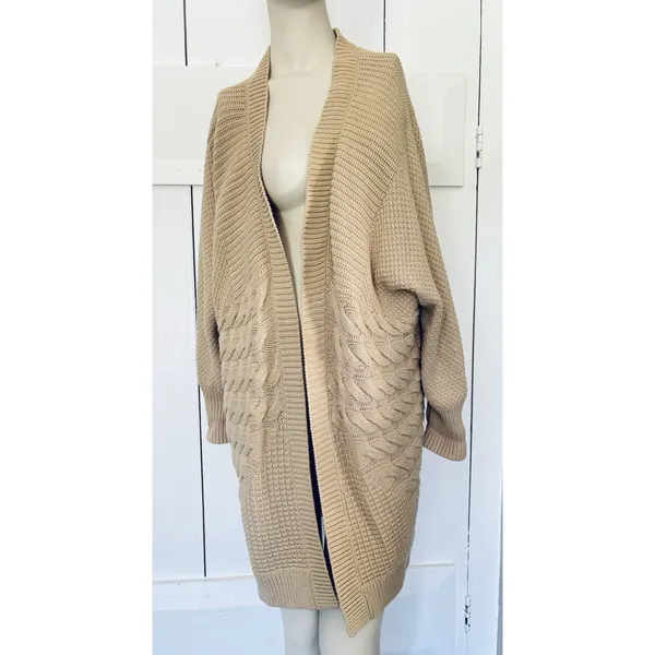 Bass Knit Cardigan Womens Sweater L/XL Cable‎ Texture Chunky Tan Beige Sand - Image 2