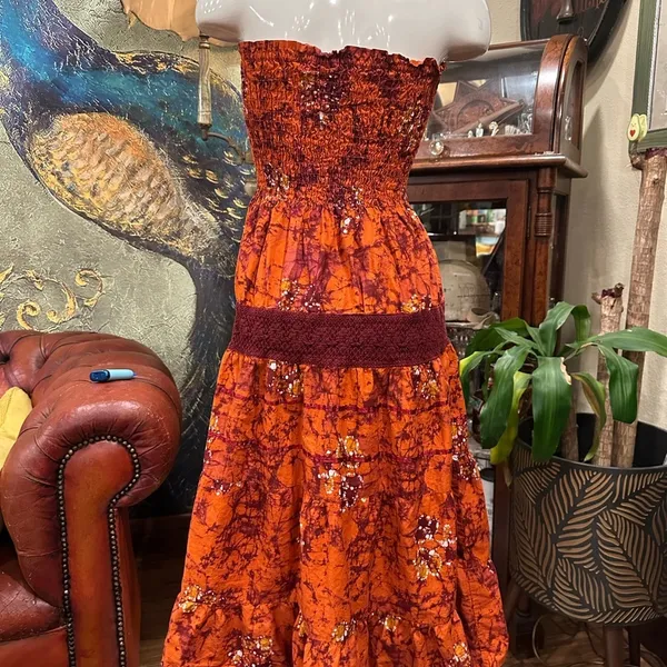 S'Cool Boho Batik Strapless Smocked Maxi Dress Rust Orange Cotton Tiered - Image 7