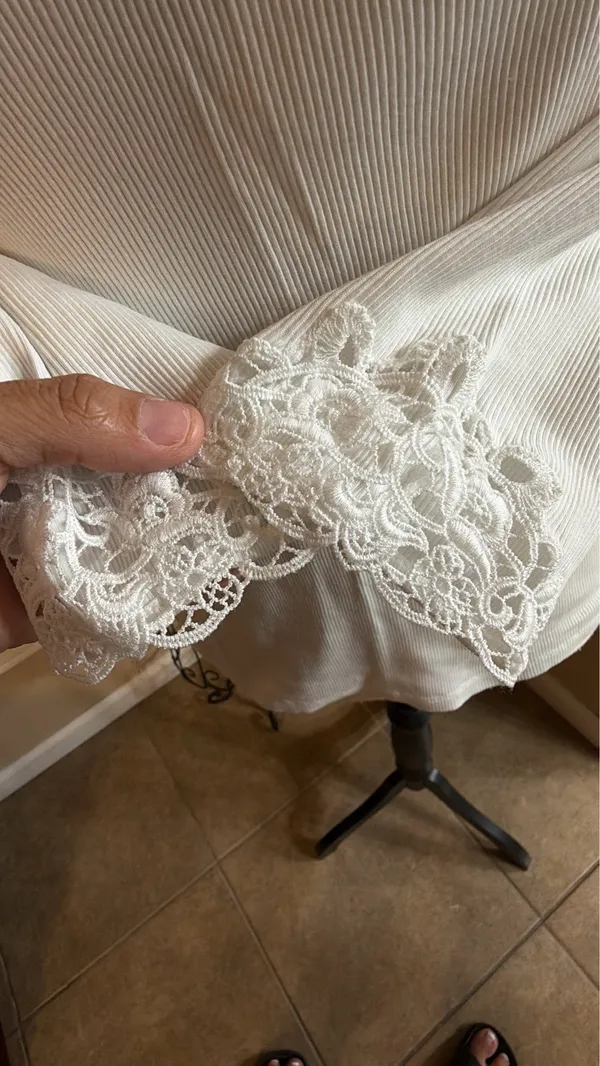 Lauren Ralph Lauren Cream Lace-Trim Ribbed Scoop Neck Long Sleeve - Image 4