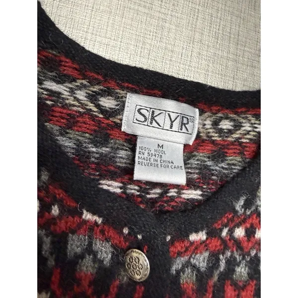 Vtg SKYR Womens Cardigan L Red Fair Isle Sweater Button Crew‎ Knit Wool Long - Image 4
