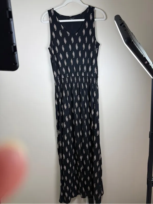 Garnet Hill Black Print Smocked Waist Maxi Dress M - Image 3
