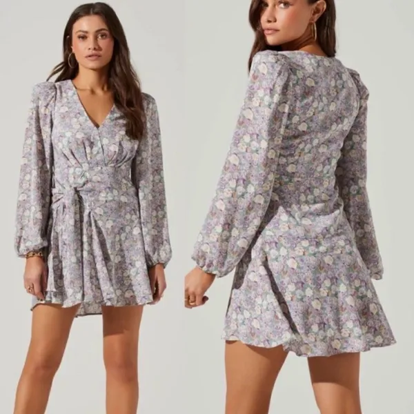 ASTR The Label Long Sleeve Mini Floral Dress in Lavender Romantic Boho Garden - Image 2