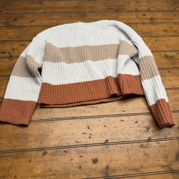 Jun & Ivy Stripe Sweater Cream Brown Rust Cropped Small Cozy‎ Fall Vibes - Image 4