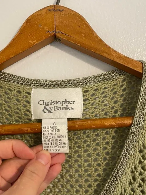 Christopher & Banks Vintage y2k Women's S Green Open Knit Mesh V-Neck Button Ramie Cotton Cardigan - Image 2