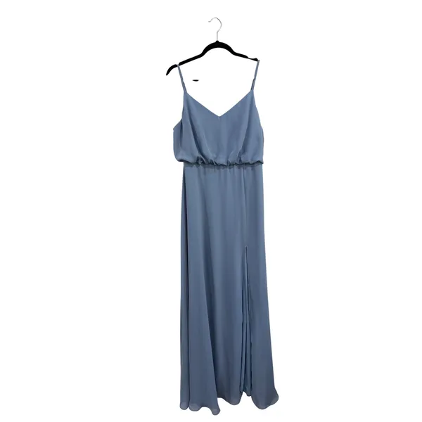 Birdy Grey Gwennie French Blue Chiffon V-Neck Maxi Bridesmaid Dress Slit Size L - Image 2