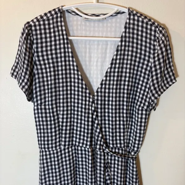 Abercrombie & Fitch Gingham Faux Wrap Mini Dress Womens Size‎ M Navy White - Image 2