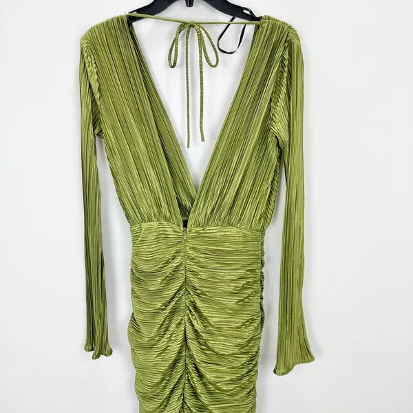 Lulus Seren Olive Green Plisse Surplice Maxi Dress Formal Long Sleeve Small NWT - Image 8