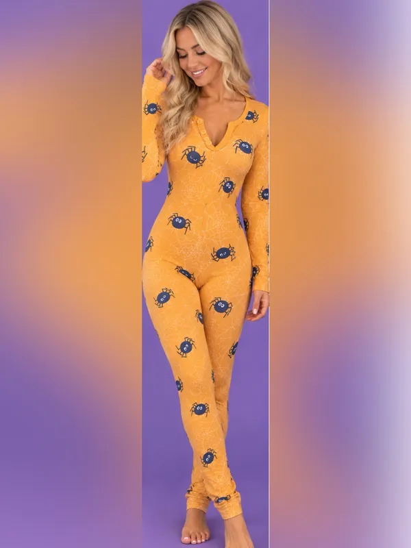 SHOSHO Halloween SpiderWeb 1-Piece Orange Pajama Romper + Headband Women’s Large - Image 2