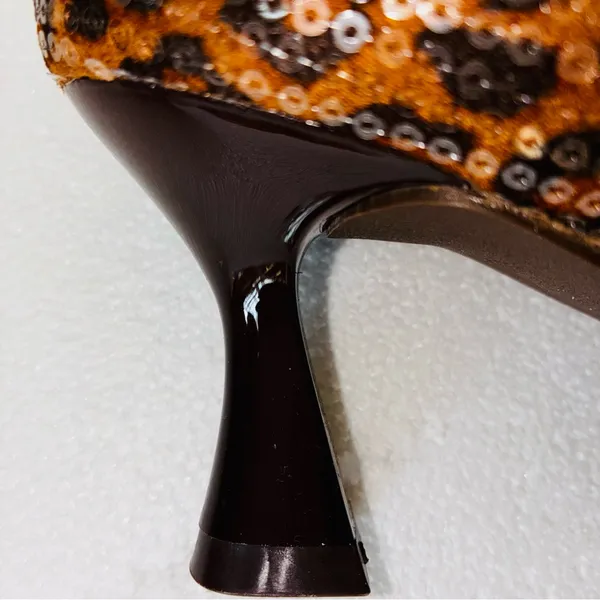 Brown Leopard Print Sequins Heels with Sculptural Curved Heel - Image 5