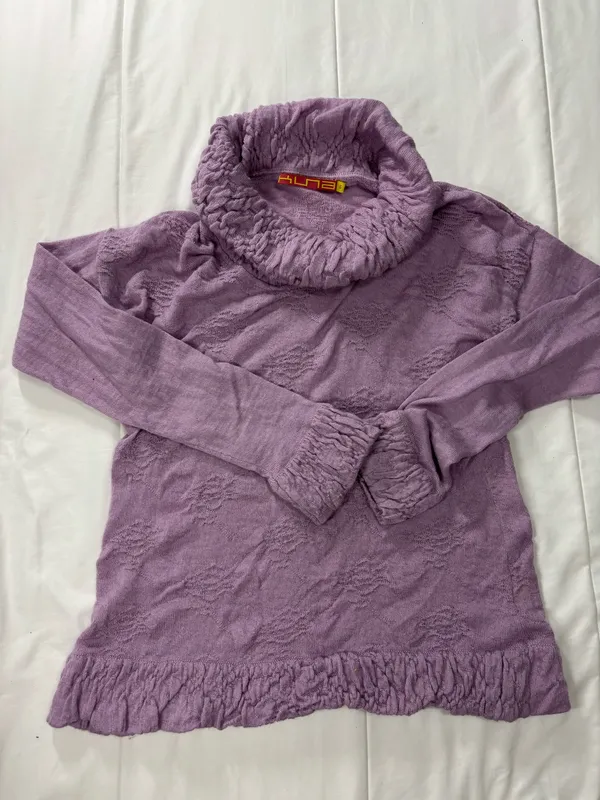 Kuna 100% luxury baby Alpaca cowl neck sweater top purple/lilac/Lavender ruffle textured knit Size S - Image 2