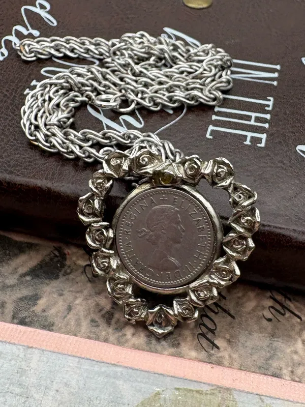 Queen Elizabeth II Sixpence Coin Rose Heart Necklace 24” - Image 5