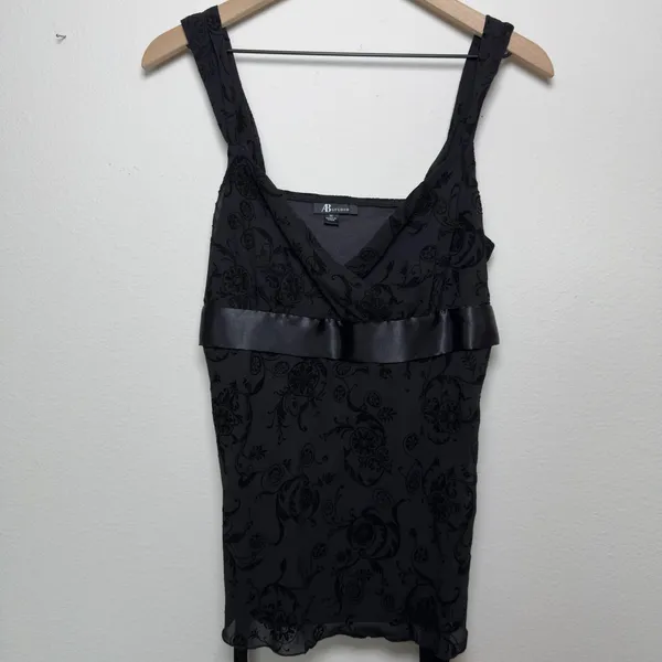 VTG 90s Fairy Grunge Babydoll Velvet‎ Paisley Tie Waist Top Medium Black Floral - Image 2