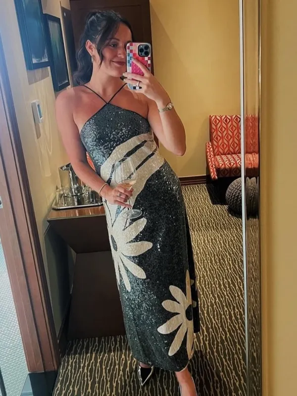 Farm Rio Anthropologie Medium Halter Sequin Midi Dress Black Tropical Resort - Image 4