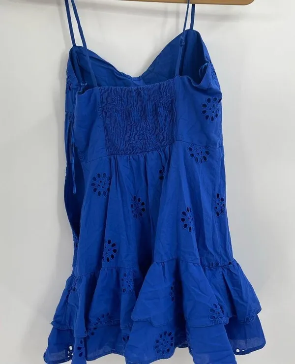 Boho Sleeveless Blue Eyelet Ruffle Dress Size Small Flawed - Image 8