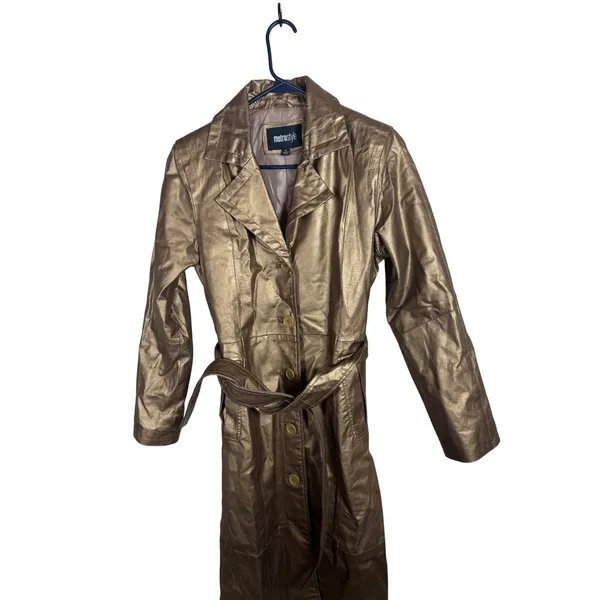 Metrostyle Women Metallic Bronze Genuine Leather Trench Coat Long Belted Small - Image 3