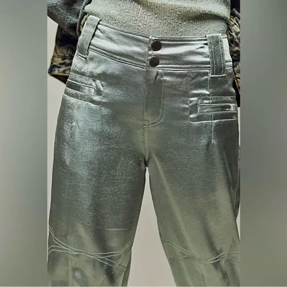 NEW Free People Ryder Pants L Metallic Silver Satin Moto Crop Vegan Shiny Green - Image 7