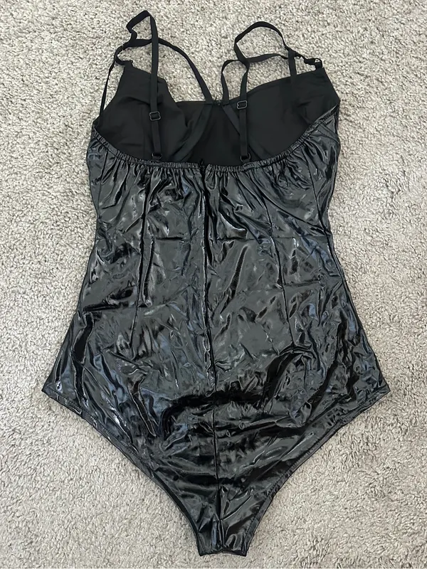 One Piece Halter Sexy Wet Look Leather Leotard Bodysuit in Black Tuzi Sz. Small - Image 7