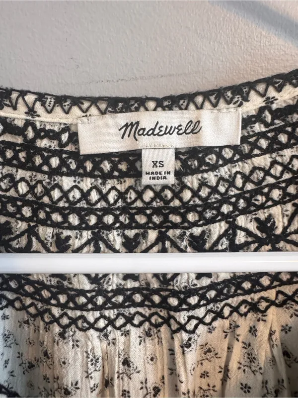 Madewell XS Embroidered Boho Peasant Blouse Cream‎ Black - Image 2