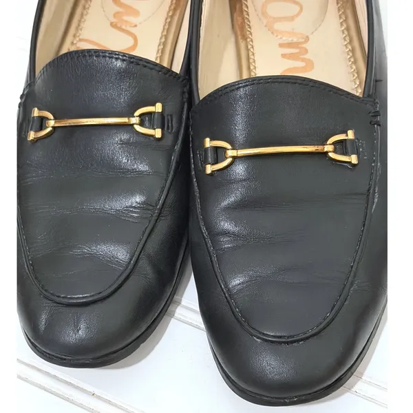 Sam Edelman Loraine Black Leather Horsebit Loafers Gold Hardware Flat Shoes - Image 3