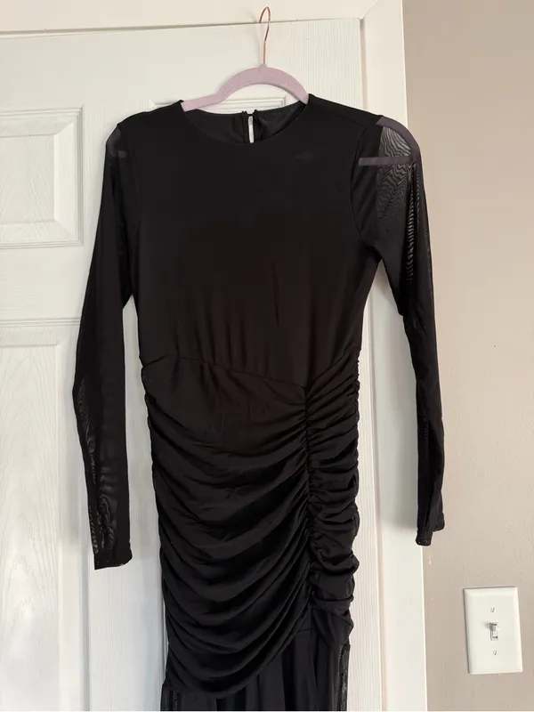 Black Bodycon Ruffle Sheer Sleeve Long Maxi Dress Event Date Night - Image 3