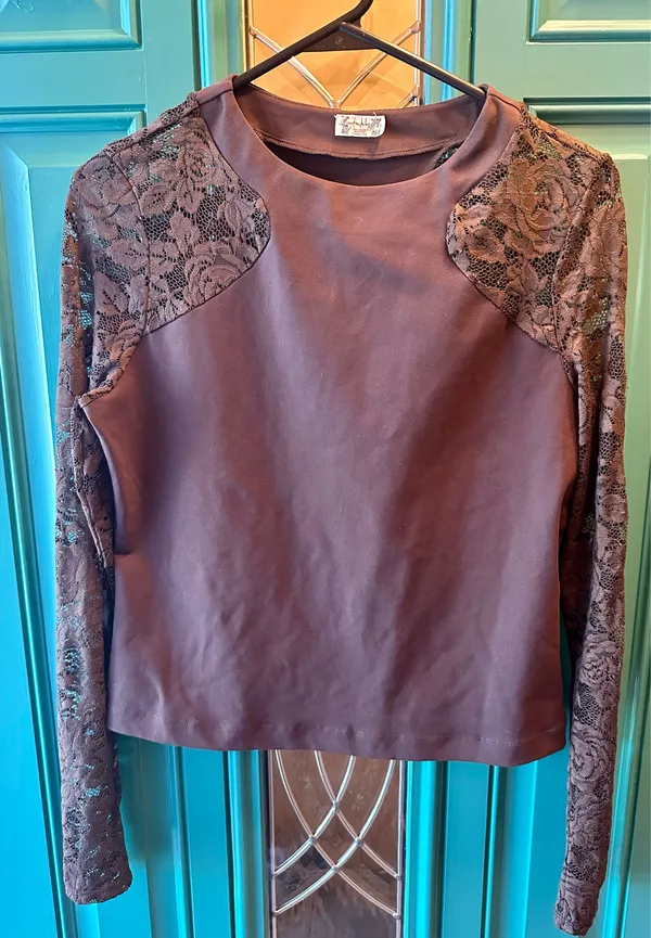 Free People No Excuses Lace Sleeve Top Hot Fudge Brown Sheer Knit Shirt Size L - Image 2