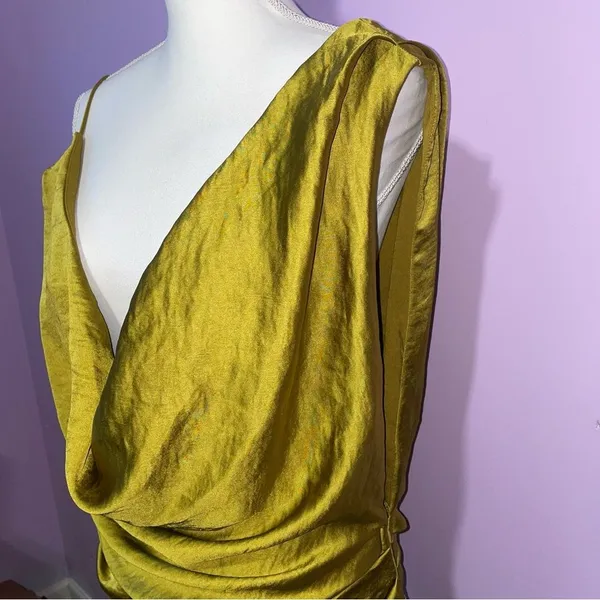 PRETTY LITTLE THING x Naomi Campbell Chartreuse Satin Extreme Cowl Bodycon Dress - Image 4