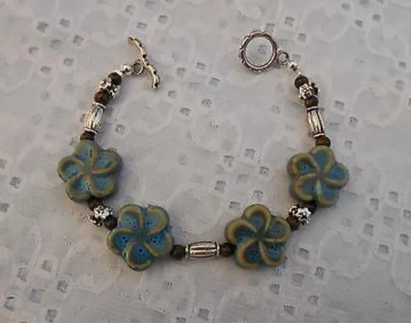 Handmade NEW! Earthy Beaded Toggle Bracelet W Ceramic Flower Beads 7.25” - Image 2
