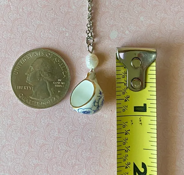 Handmade porcelain tea cup & freshwater pearl unique fun fairy antique style necklace🫖🍃🌀 - Image 9