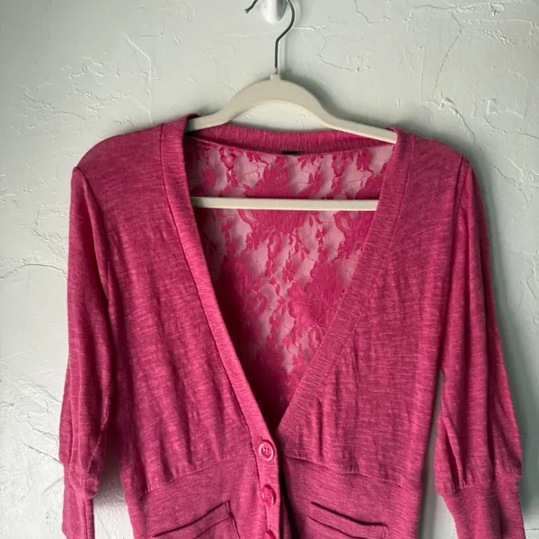 Poof Y2k Pink‎ Cardigan Lace Back Button Down Knit Sweater Top Large Fairy - Image 2