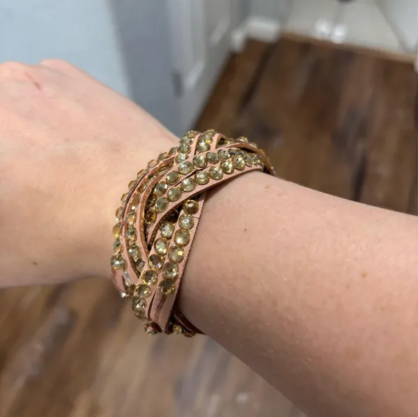 Pink and Gold Rhinestone Braided Wrap Bracelet - Image 2